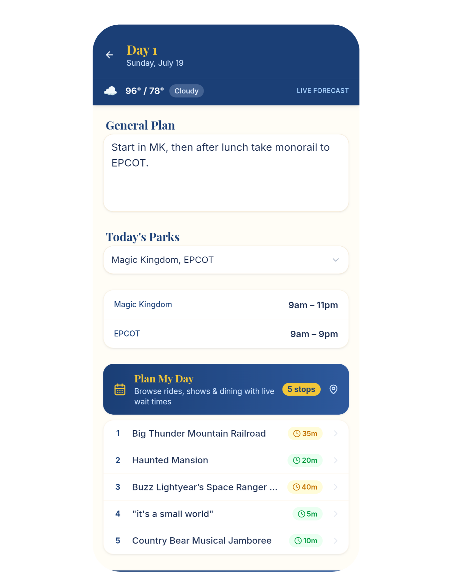 Wish Upon A Plan day planning screen